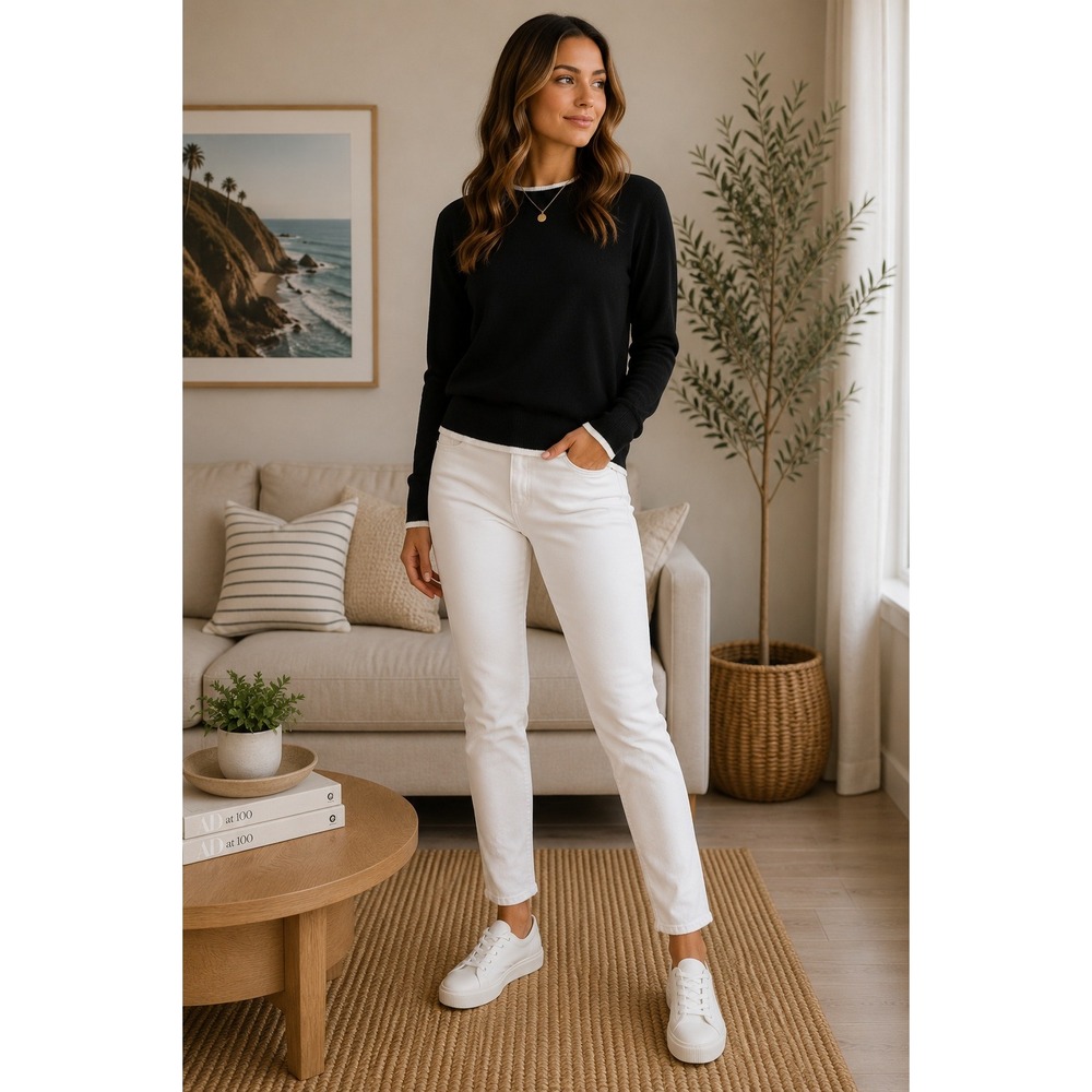 Madewell Sweater Women Small Black Merino Wool Preppy Minimalist Tipped Crewneck